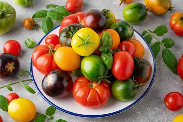 Un mélange de tomates organiques mûres multicolores nourriture saine