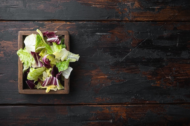 Mélanger les feuilles fraîches de roquette, laitue, épinards, betteraves pour salade, dans une boîte en bois, sur une vieille table en bois sombre, vue de dessus à plat