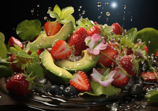 Mélanger des fruits frais et de la salade avec des éclaboussures d'eau flottent sur un plat avec un fond de studio sombre AI Generative