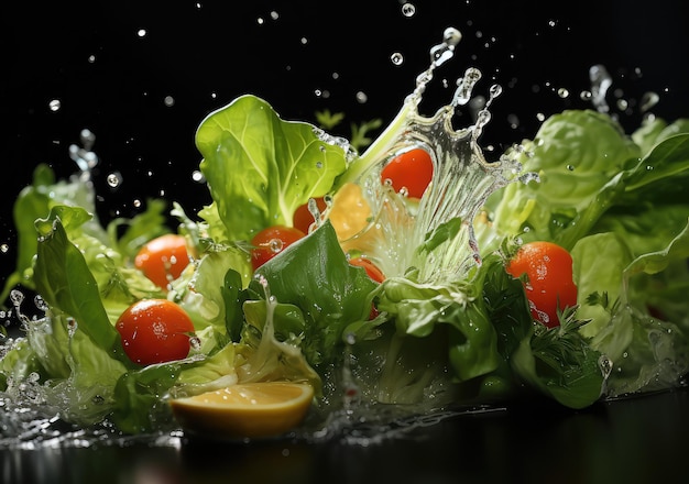 Mélanger des fruits frais et de la salade avec des éclaboussures d'eau flottent sur un plat avec un fond de studio sombre AI Generative