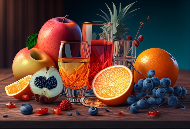 Mélanger le jus de fruits dans un verre avec des fruits frais ai génératif