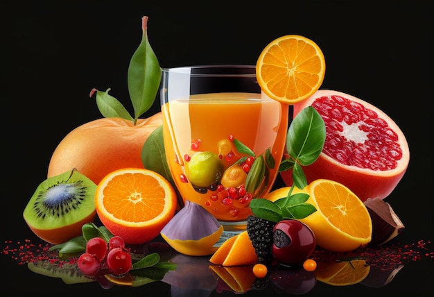 Mélanger le jus de fruits dans un verre avec des fruits frais ai génératif