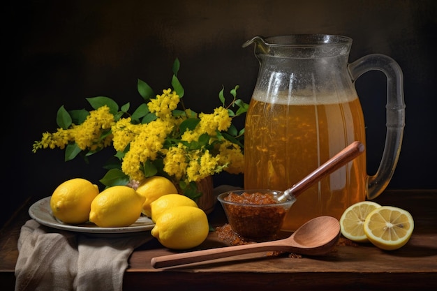 Mélanger de la limonade dans une cruche avec une cuillère en bois