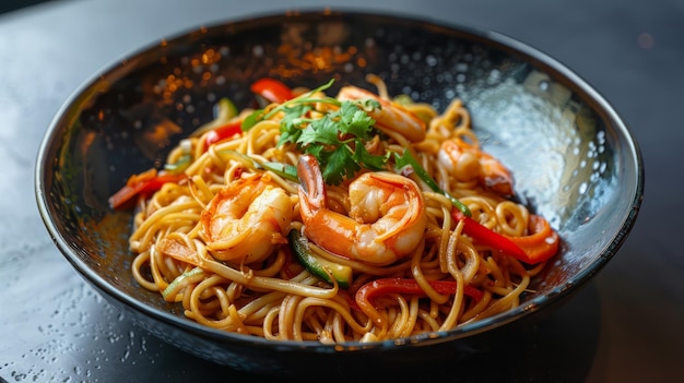 Mélanger des nouilles frites avec des légumes et des crevettes