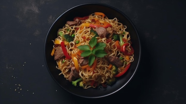 Mélanger des nouilles frites avec des légumes et du bœuf dans un bol noir IA générative