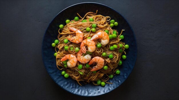 Photo mélanger des nouilles yakisoba frites avec des pois verts et des crevettes style cuisine asiatique