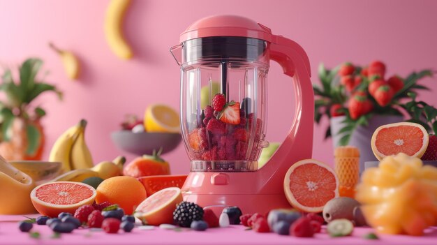 Photo un mélangeur coloré rempli de fruits sur la table le jour du travail