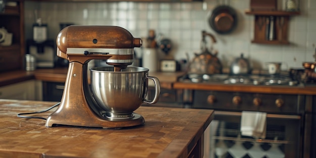 un mélangeur de cuisine avec un dessus en bois est assis sur un comptoir en bois