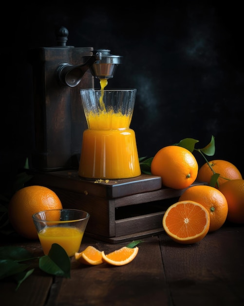 Un mélangeur avec du jus d'orange et un verre de jus d'orange.