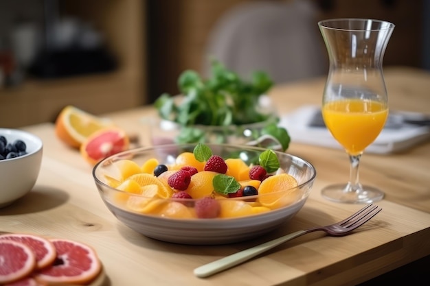 mélangeur de jus d'orange de fruits et de baies avec salades plat généré par l'IA