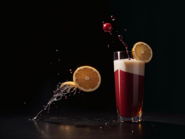 Mélangeur photo avec des fruits volants isolés sur fond noir jus de fruits et éclaboussures