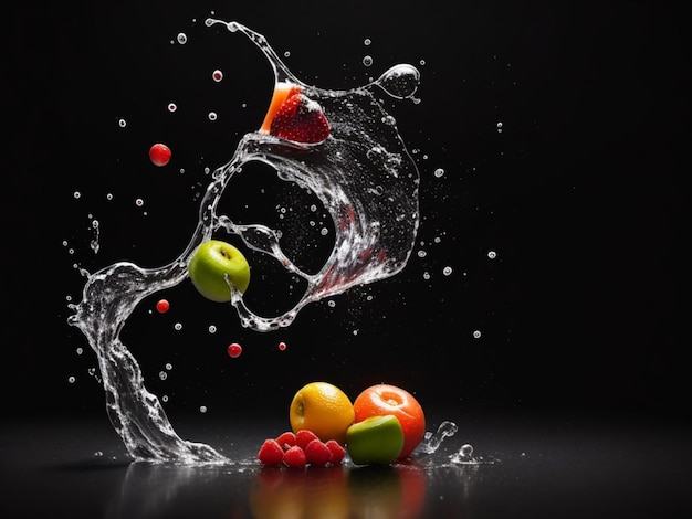 Photo mélangeur photo avec des fruits volants isolés sur fond noir jus de fruits et éclaboussures