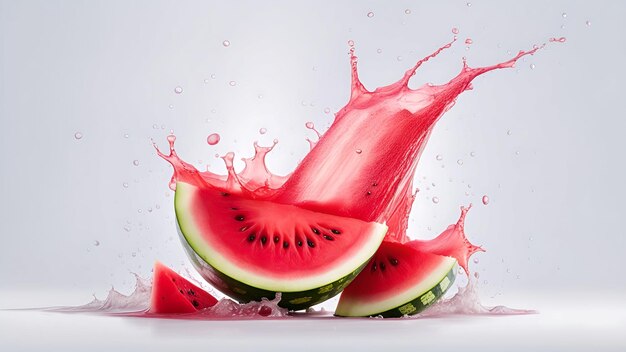 Melon d'eau avec des éclaboussures de jus isolées sur un fond blanc