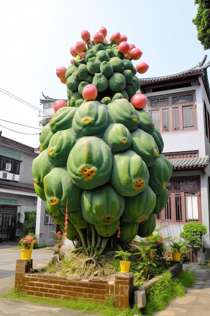 Un melon d'eau est décoré de fruits rouges.