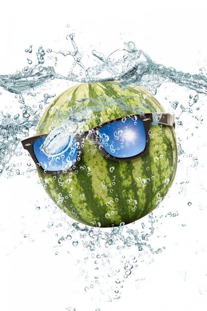 Melon d'eau fraîche tombant dans l'eau