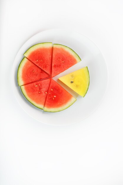 Photo melon d'eau jaune et rouge dans une assiette ronde blanche