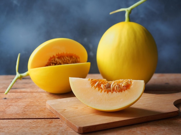 Melon jaune tranché sur une planche à découper en bois