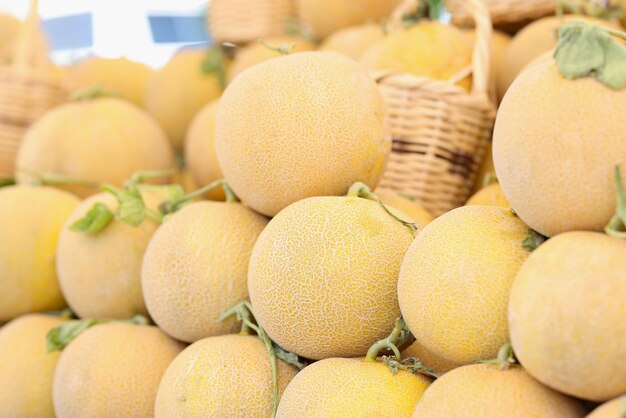 Melon juteux au miel mûr frais sur le marché des avantages d'une alimentation saine des fruits et de la nourriture végétarienne