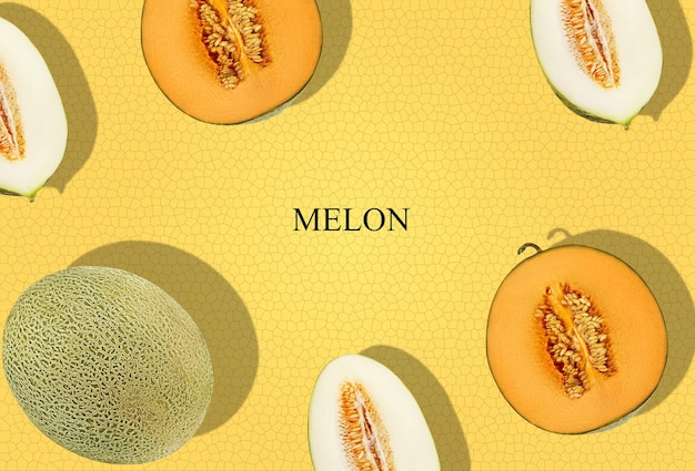 Melons de différentes variétés entières et moitiés sur fond jaune avec inscription melon et espace de copie pour le texte ou les images Vue de dessus en gros plan