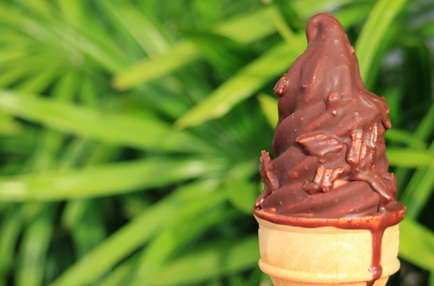 Melting Chocolate Soft Serve Ice Cream Cone with Blurred Green Bush en arrière-plan