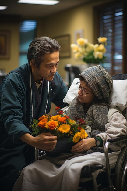 Un membre de la famille soucieux réconfortant un proche dans une chambre d'hôpital AI générative