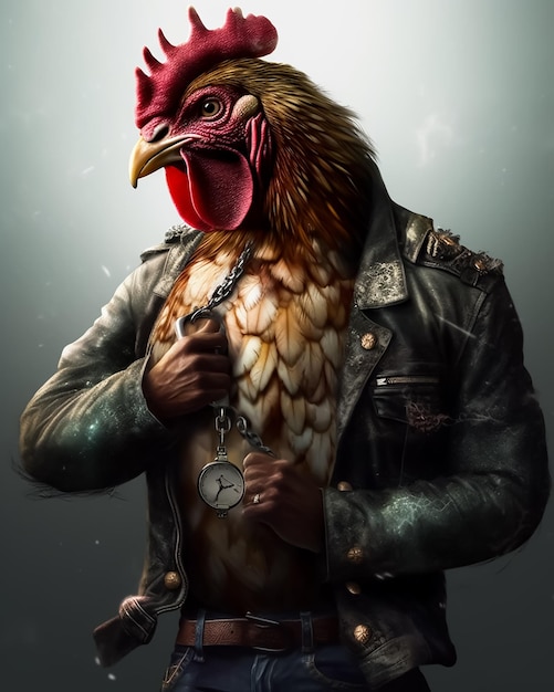 Un membre d'un gang de coq dans les muscles portant une veste en cuir et une montre