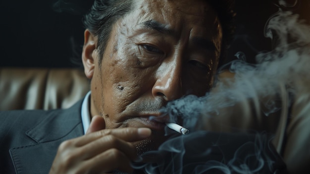 Un membre de la mafia japonaise Yakuza était assis sur le canapé en train de fumer une cigarette gracieusement Son visage est le mien
