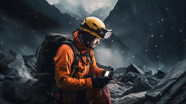 un membre de SAR Search and Rescue utilisant un téléphone portable Le contexte est votre histoire à raconter