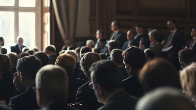 Les membres du public écoutent attentivement lors d'un événement formel entouré d'un objectif commun