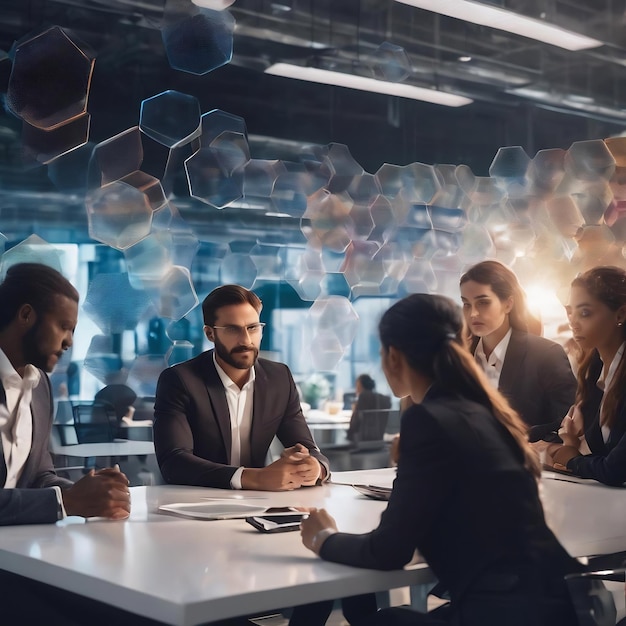 Les membres de l'équipe d'affaires de diverses ethnies font un brainstorming assis à une longue table blanche et parlent