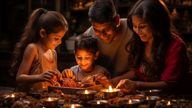 Les membres de la famille allument des bougies et des diyas