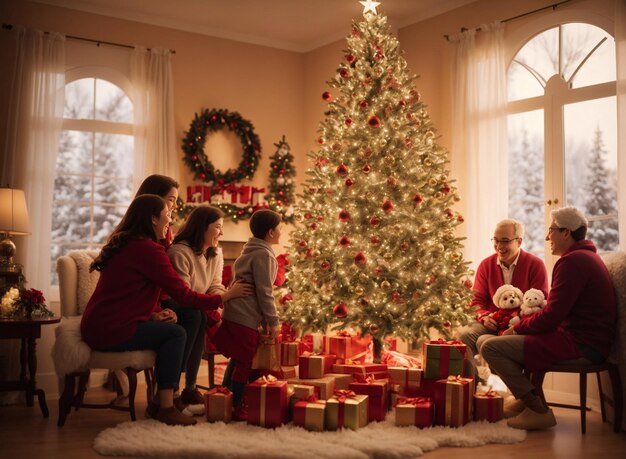 Les membres de la famille se réunissent le jour de Noël dans le salon avec des cadeaux d'arbre de Noël et une ambiance chaleureuse