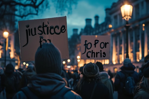 Des membres de la foule tenant des pancartes disant justice pour Chris dans le centre de Londres