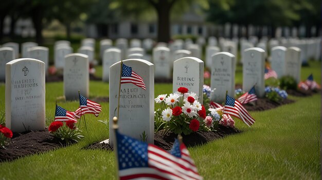 Photo memorial day arrière-plan avec des fleurs et le drapeau américain près de la tombe