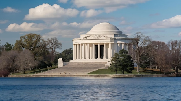 Photo mémorial thomas jefferson entouré du lac et des arbres sous la lumière du soleil à washington dc