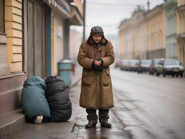 Photo un mendiant en russie se tient au bord de la route et mendie.