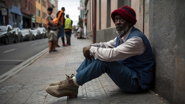 Photo les mendiants assis dans la rue avec des messages de sans-abri s'il vous plaît aider