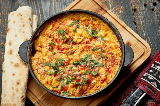 Menemen avec oeufs tomates poivrons verts et épices servis avec du pain dans un petit-déjeuner turc pan