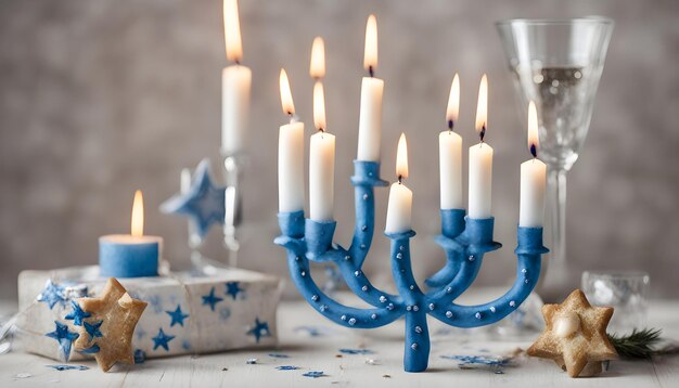 une menorah bleue avec une étoile bleue est éclairée