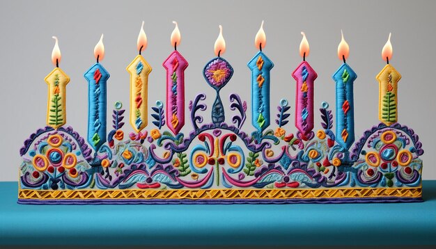 La menorah de Hanouka en 3D est une broderie multicolore.