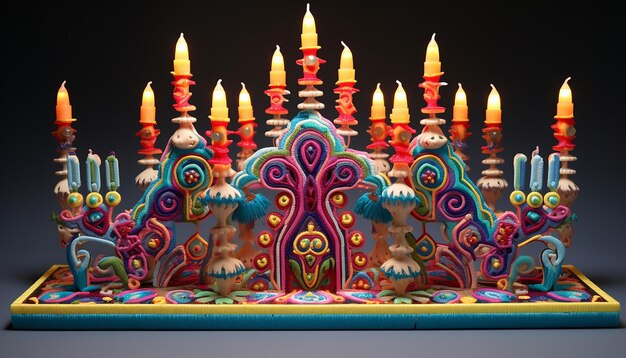 La menorah de Hanouka est une broderie multicolore en 3D.