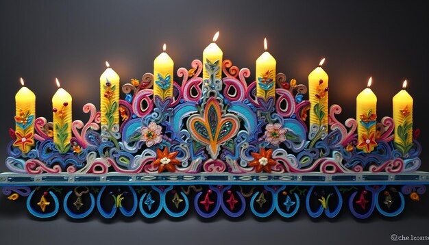 La menorah de Hanouka est une broderie multicolore en 3D.