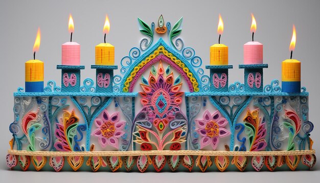 La menorah de Hanouka est une broderie multicolore en 3D.