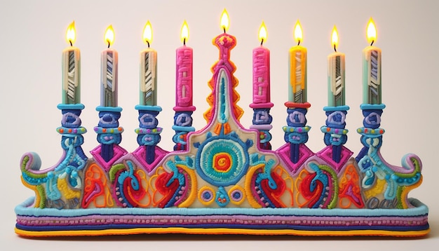 La menorah de Hanouka est une broderie multicolore en 3D.