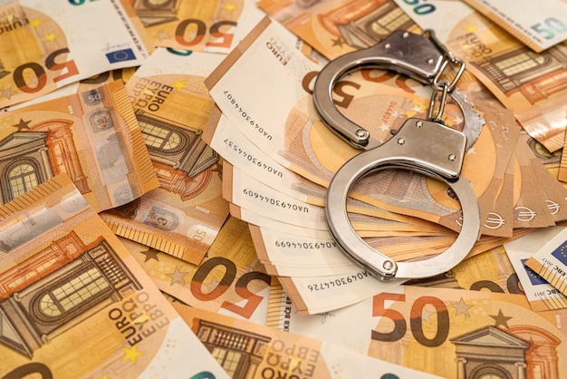 Photo menottes et billets en euros. concept de corruption et de pots-de-vin