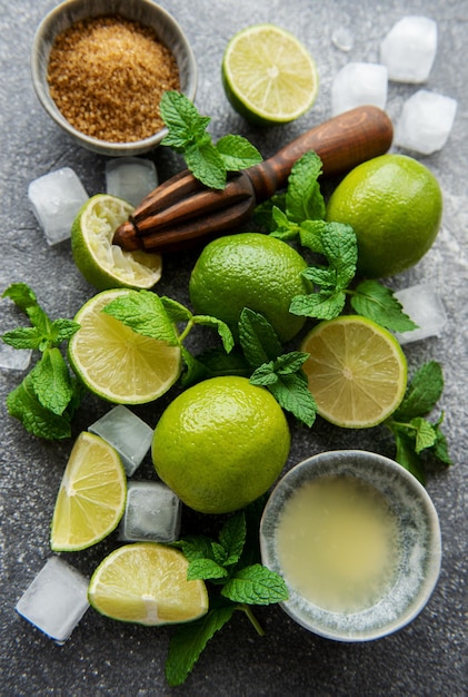 Menthe citron vert et glace sur fond sombre