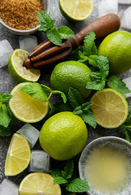 Menthe citron vert et glace sur fond sombre