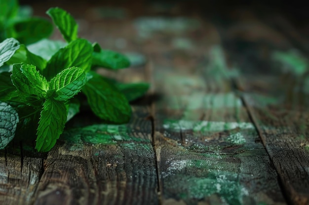 Menthe fraîche sur une table en bois espace de copie Focus sélectif