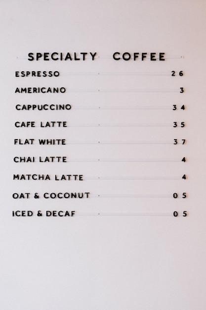 Un menu de café de spécialité avec des prix Photo de base