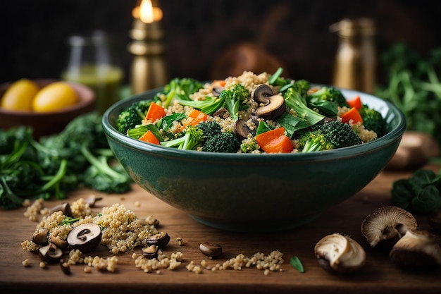 menu diététique plat salade végétalienne saine de légumes brocoli champignons épinards et quinoa dans un bol